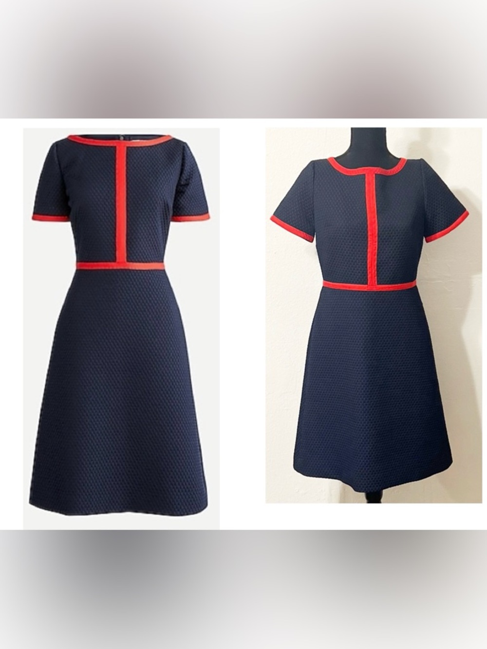 J. Crew Navy Textured Midi Dress with Red Trim
